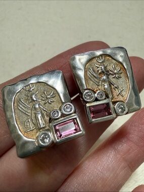 Sterling Silver 925 Thailand Pink Gemstone Coin Motif Earrings
